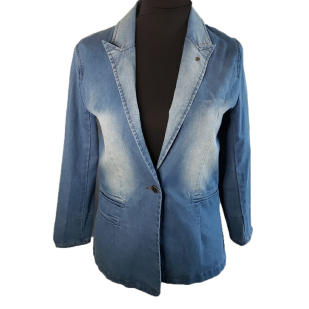 Wool El Studio London Blazer denim look blue w heart metal & stripe details